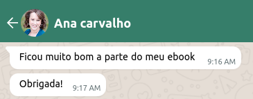Depoimento de Ana Carvalho no WhatsApp sobre ebook digital
