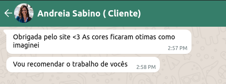 Depoimento de Andreia Sabino no WhatsApp elogiando o site e as cores