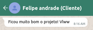 Depoimento de Felipe Andrade no WhatsApp elogiando o projeto