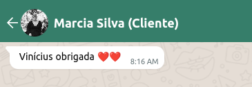 Depoimento de Marcia Silva no WhatsApp agradecendo o trabalho
